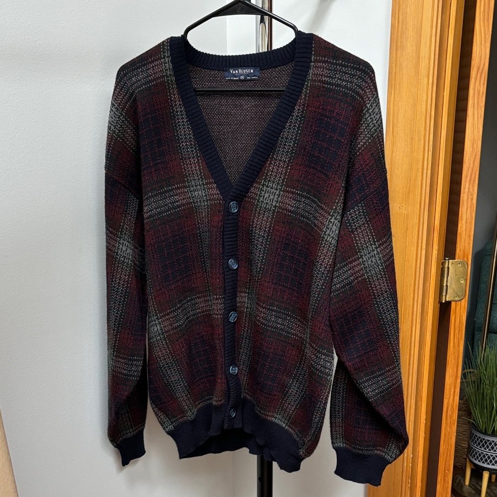 Vintage Van Heusen Unisex Cardigan Sweater - Navy and Burgundy Plaid